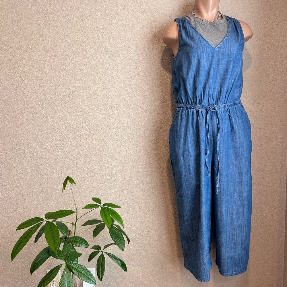 Cropped Chambray Adjustable Tie Waist Jumper